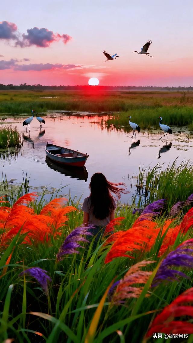 夕阳下的湿地，丹顶鹤在水畔翩跹