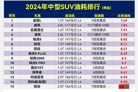 中型SUV油耗排行榜，瑞虎8第5，冠道21，锐界排名41图片