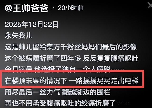 东莞小伙王帅去世，仅20岁！凌晨5点跳湖，父亲发文透露更多细节
