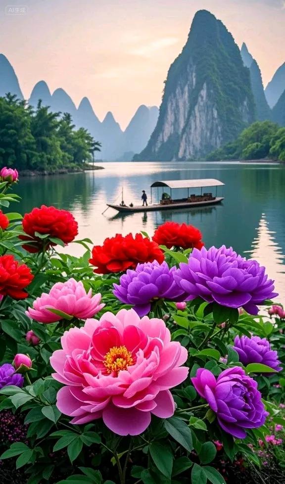 山水如诗，牡丹如画，这画面太治愈