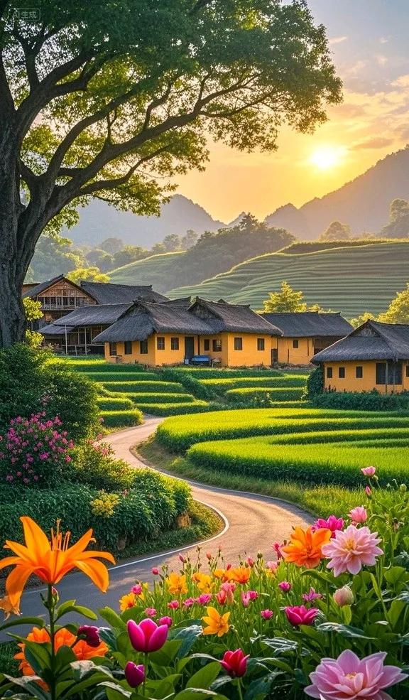 古村卧花海，梯田连远山，美成田园诗画