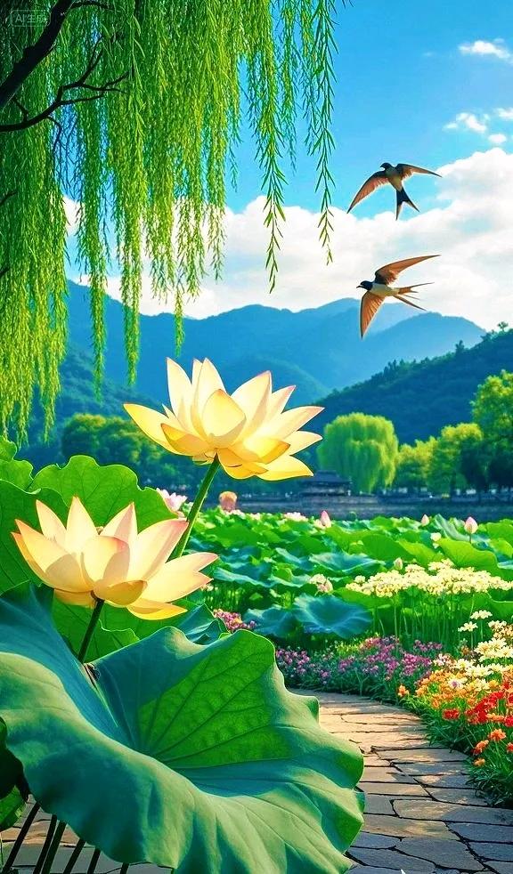 荷叶卷绿浪，荷花映远山，景色太美了！