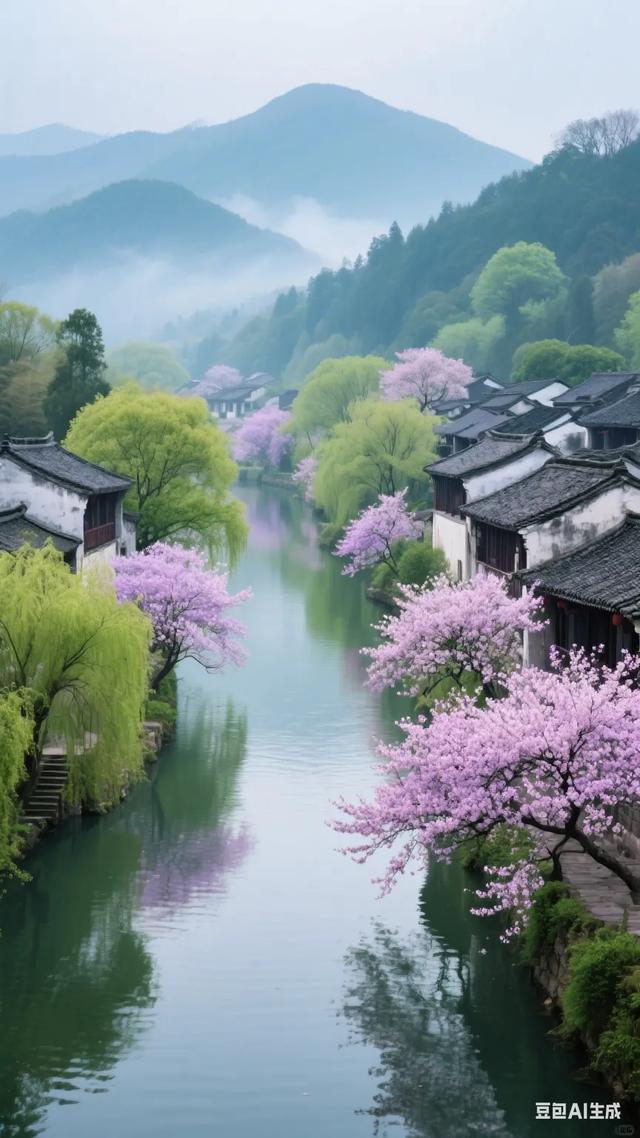粉黛染春，水乡漾波，千年梦魂，系此烟霞，风过回廊诉旧盟！