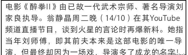 资深艺人翁静晶炮轰成龙！《醉拳2》抢功加导演名，二人旧怨被扒
