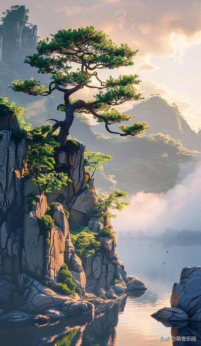 山顶古松傲然挺立，云雾缭绕如仙境，我竟品尝到超然物外的滋味