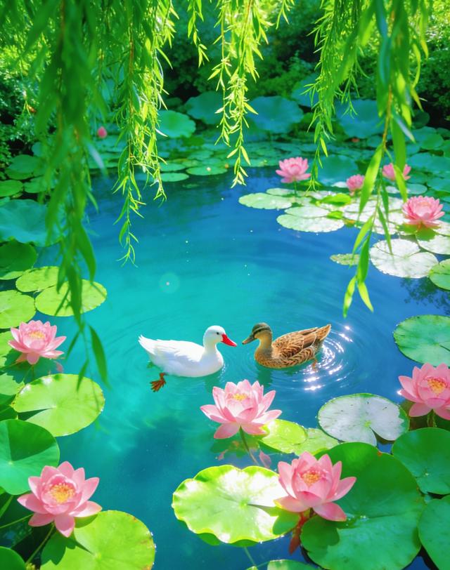 柳丝垂落映碧水，粉荷双鸭相映趣，这荷塘景色也太好看了吧！