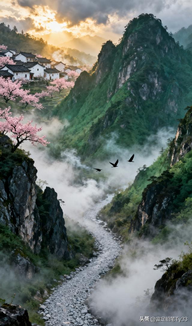 云雾缭绕的世外桃源，粉嫩樱花映衬古村落，仙境般的宁静与美丽！