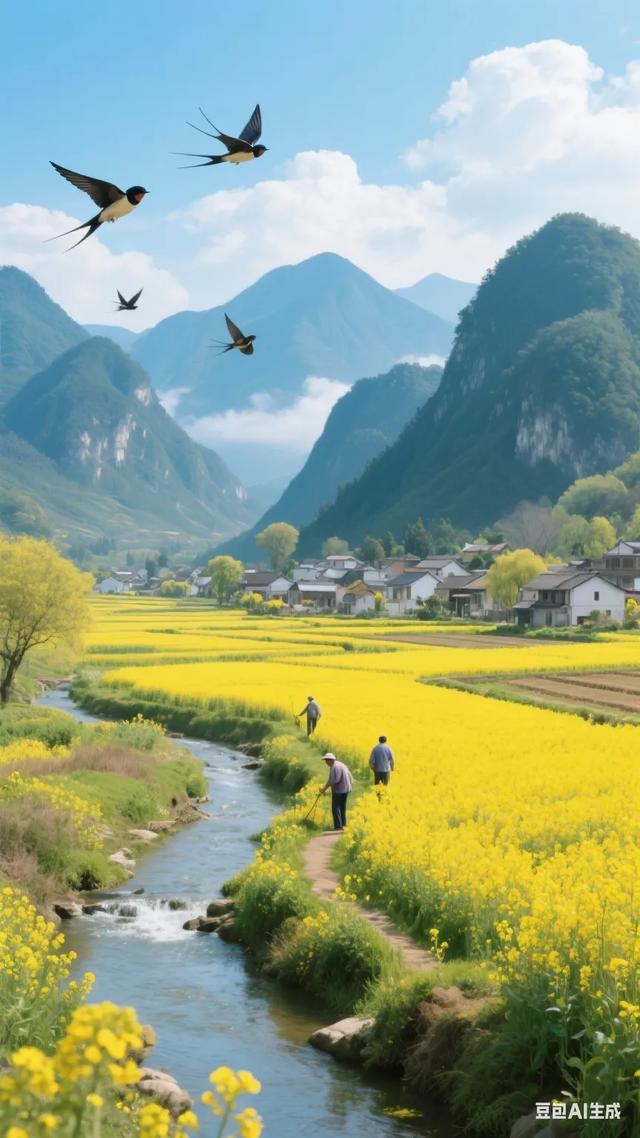 春日田园风光，金黄花海与山川相映成趣，鸟儿飞翔，人间仙境！