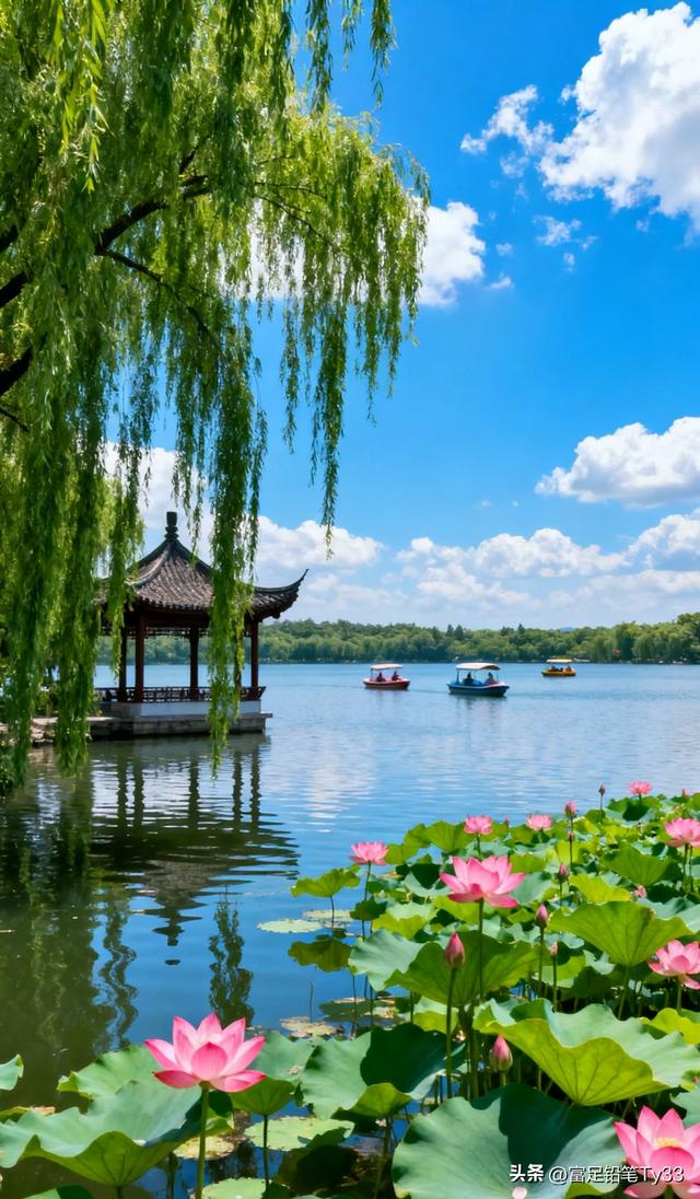 粉荷映日开 游船漾碧波 夏日荷塘醉心怀