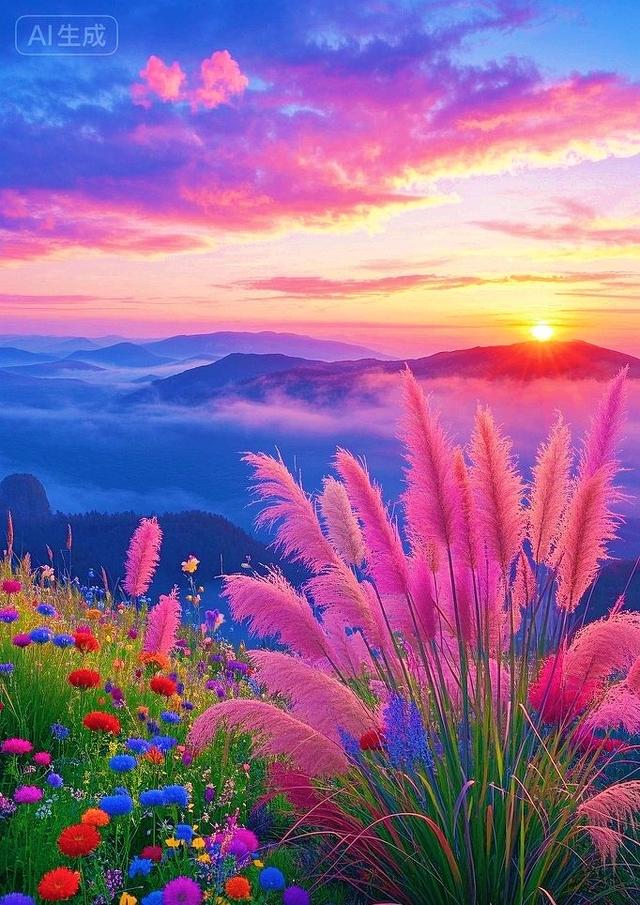 粉苇摇，彩花漫，日出染野太唯美了