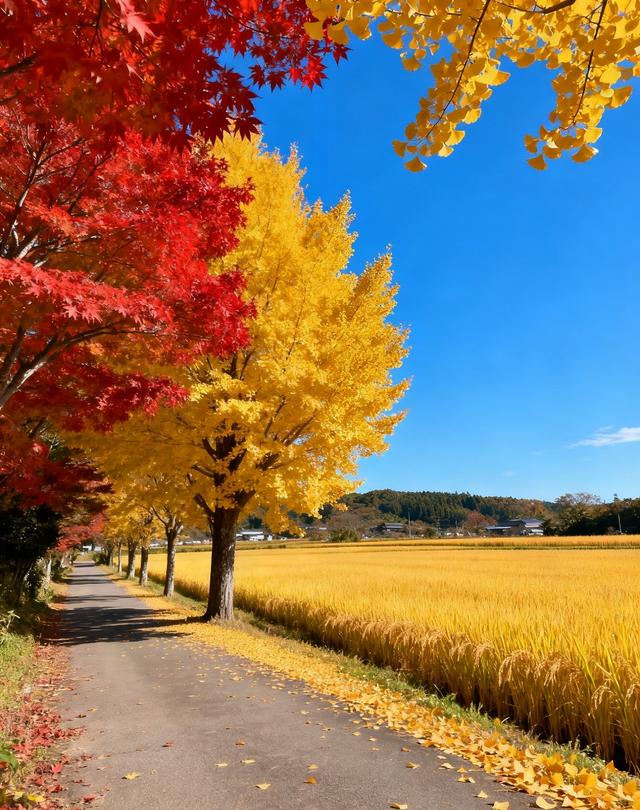 当蓝天撞了枫杏色，稻田就漾开了满季金黄