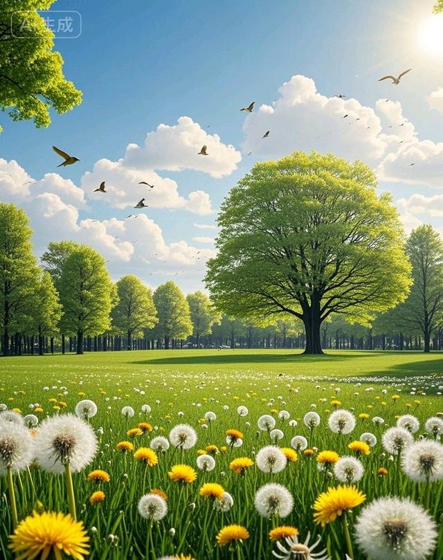 在蒲公英花海的阳光里，绿树盎然绿意，这风景太治愈了