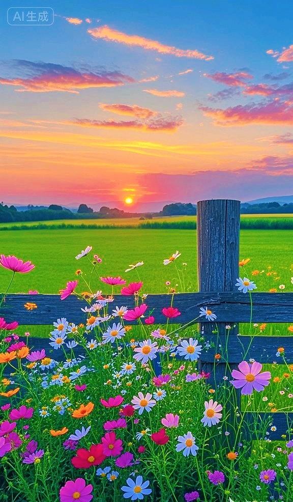 漫山花海裹挟温柔日落，目之所及尽是美好，这个景色真的好治愈啊