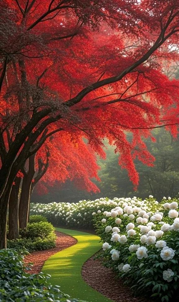 红枫树下，牡丹花盛开，画面实在太唯美