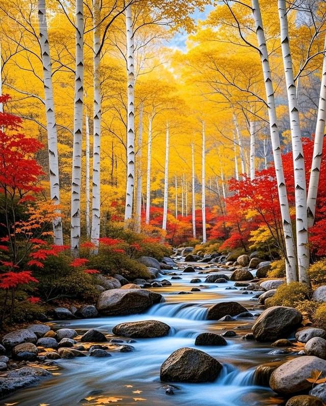当白桦林染上金黄，红枫点燃溪岸，秋叶与石共织治愈秋景