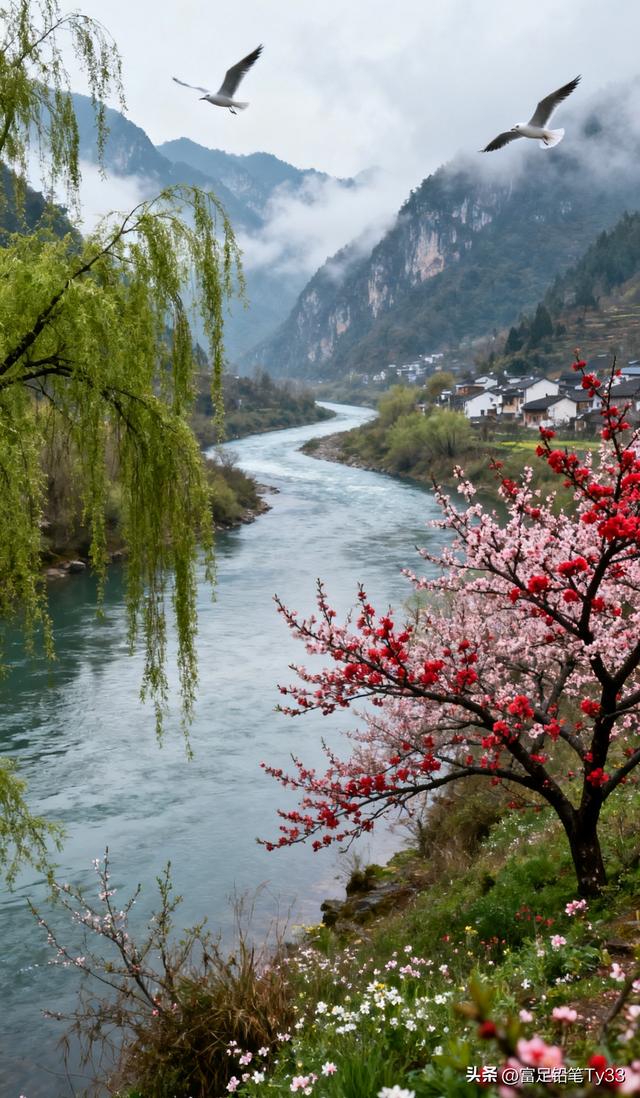 春日山川粉樱绽，飞鸟掠晴空，静谧融画里，风拂暗香浓，意无穷！