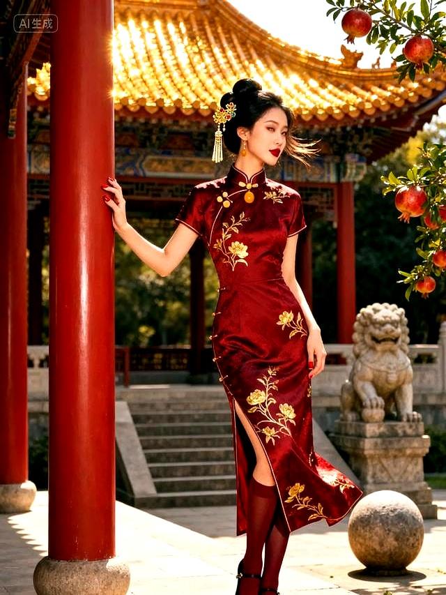 酒红旗袍邂逅金瓦古建，古韵与锋芒共织绮梦