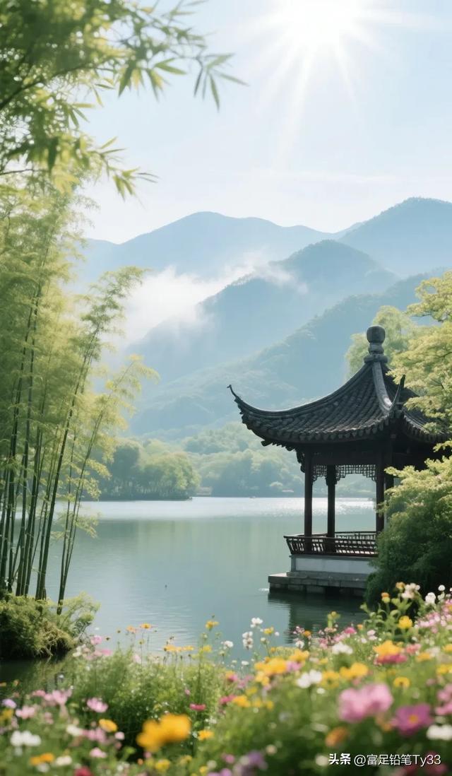 静谧湖畔，古风亭台，花海映日，人间仙境！