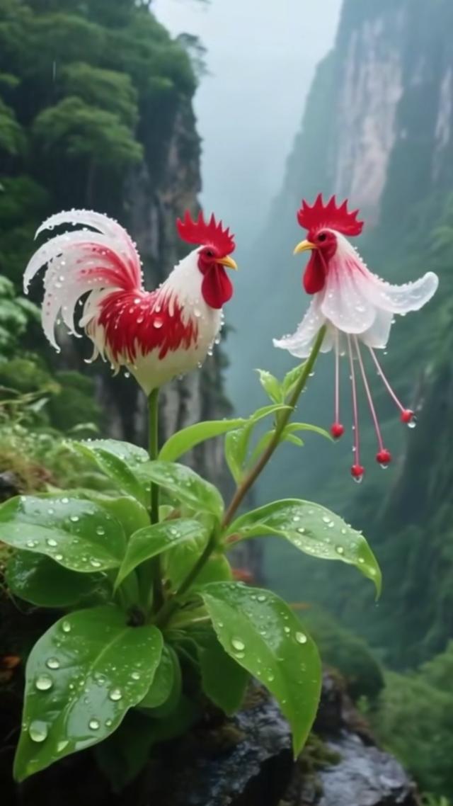 奇花热烈地绽放着，如昂首挺胸的大公鸡，火红的冠子昂扬。