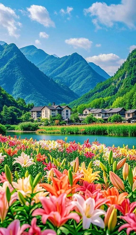 湖光山色相伴，百合花繁花似锦，这般景色，实在怡人
