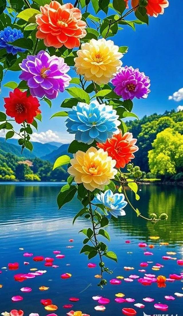 五彩繁花垂湖岸，山水共赏好风光