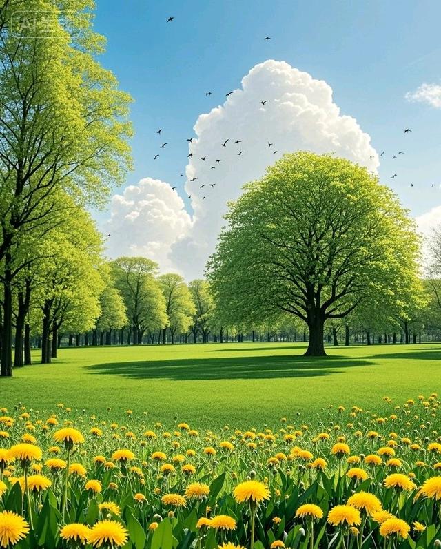 在蒲公英花海的阳光里，绿树盎然绿意，这风景太治愈了
