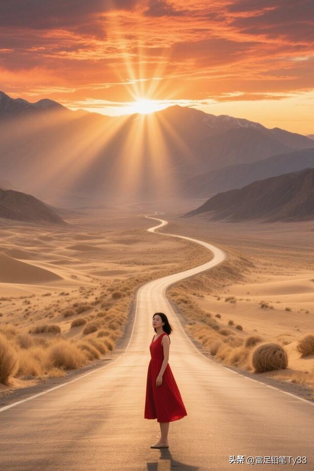 夕阳下的红裙女子，沙漠公路的浪漫邂逅！