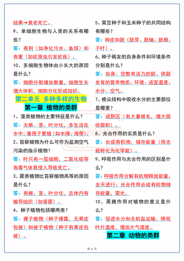 2025秋季初一上册生物（新教材）70个常考重点问题，务必烂熟于心