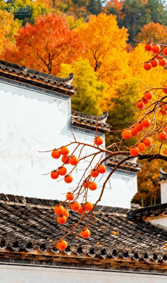 红柿悬枝，秋山染彩