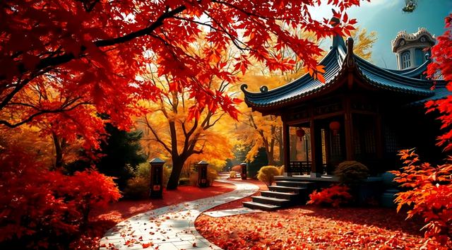 山雾里的红枫与悬亭