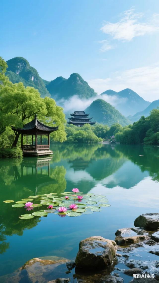 静谧湖畔，古风亭台，云雾缭绕，宛如仙境！