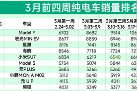 官宣！3月纯电车销量榜，Model Y夺冠，小米SU7第5，M03第8名图片