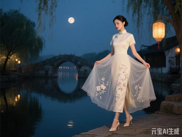 米白色梦幻旗袍美女图片鉴赏（末尾附ai提示词）