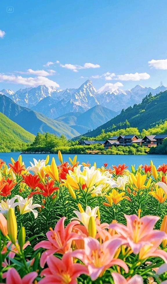 湖光山色相伴，百合花繁花似锦，这般景色，实在怡人