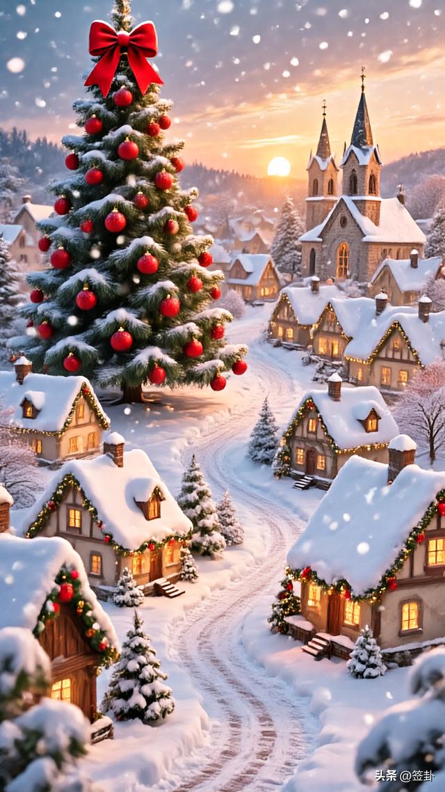 白雪皑皑的圣诞黄昏美景