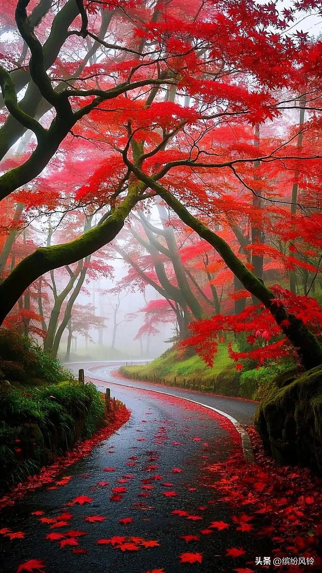 雾霭轻抚山峦，红枫似火