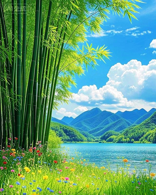 竹林繁花、澄澈湖水、连绵青山与漫天云絮，一幅绝美的山水画卷！