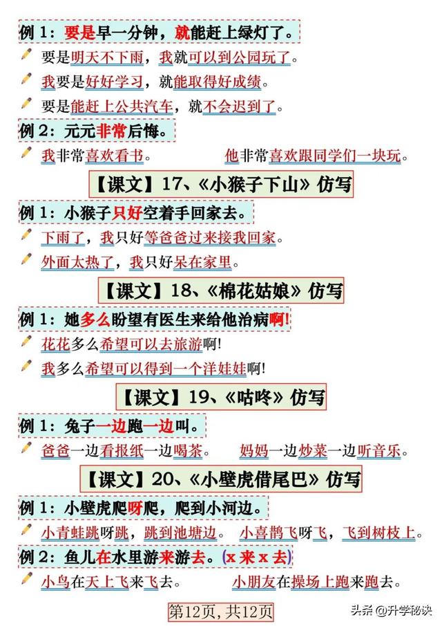 一年级语文（下册）：重点仿写句子汇总，孩子吃透了，期末不丢分