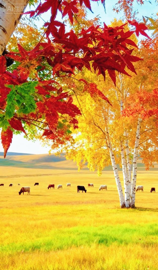 红枫垂帘，牧群踱过金绿原野