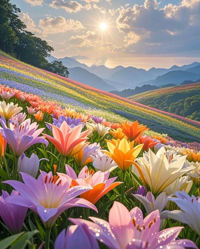 日出洒百合花海，远山相伴，太美了