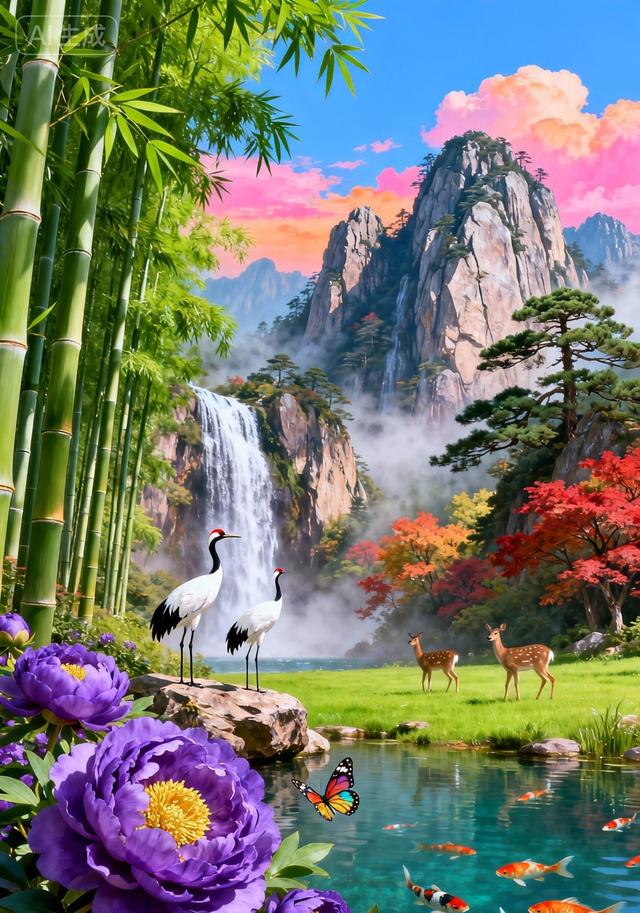 翠竹丹鹤映紫牡丹，仙山瀑布伴锦鲤，满眼皆是好风光