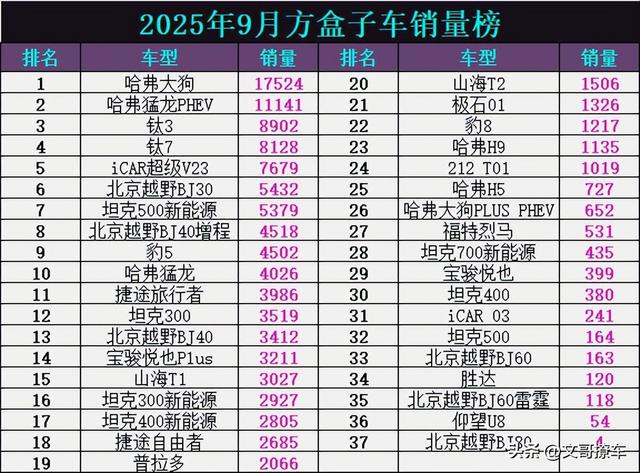 官宣! 9月方盒子车销量: 钛7无缘前3，坦克300跌出前10，普拉多第19