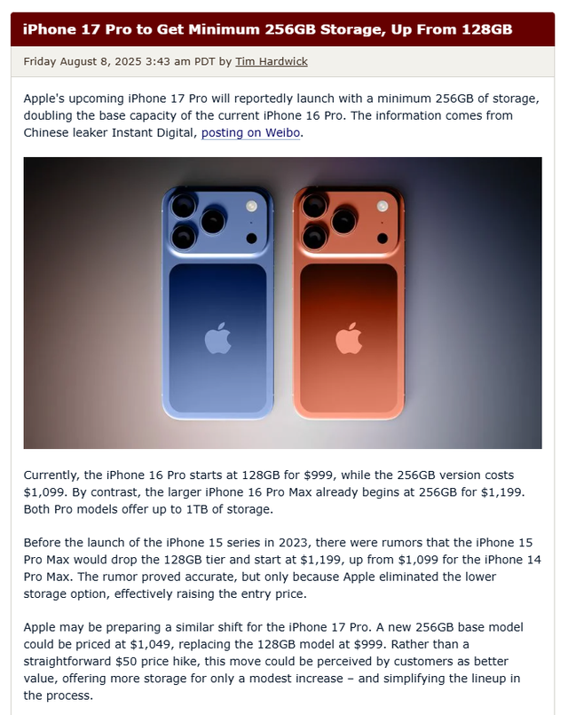 变相涨价？iPhone17 Pro将取消128G，理由是零部件太贵了