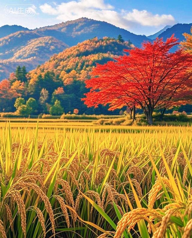 稻浪金黄拥沃野，远山如黛秋意浓