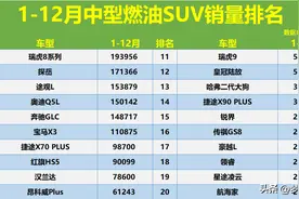 心酸！1-12月中型燃油SUV销量榜，瑞虎8逆袭，汉兰达昂科威失前五图片