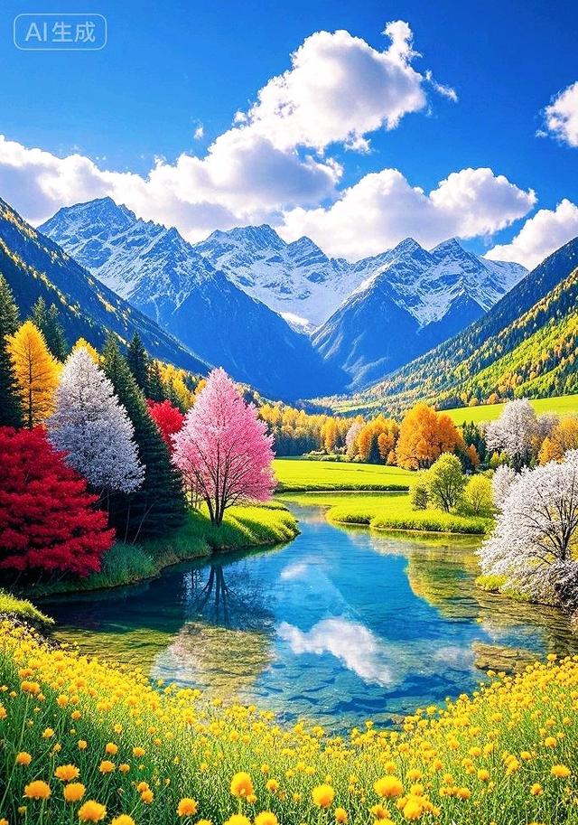 雪山湖畔，五颜六色树绘就绝美治愈画卷