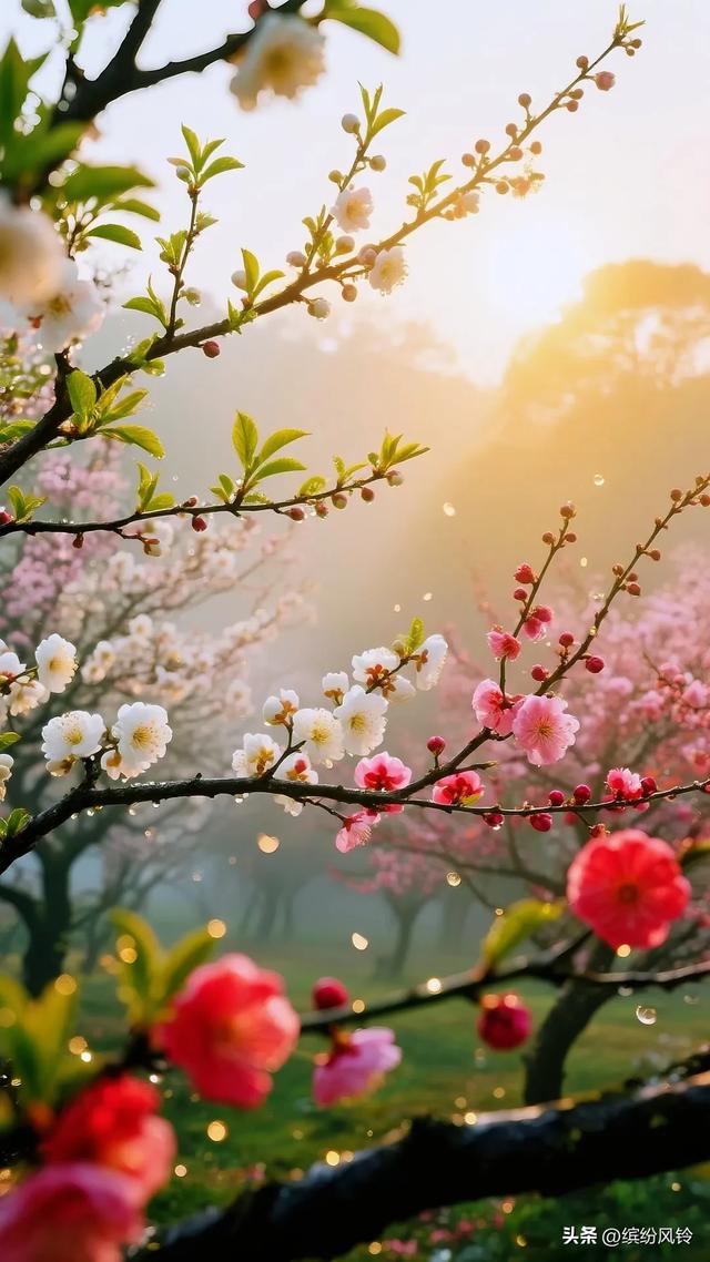 晨雾裹着金芒漫过梅枝