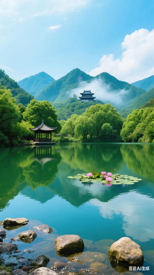 静谧湖畔，古风亭台，云雾缭绕，宛如仙境！