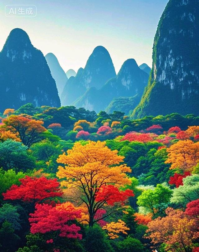 峰林秋意浓，碧水染层林