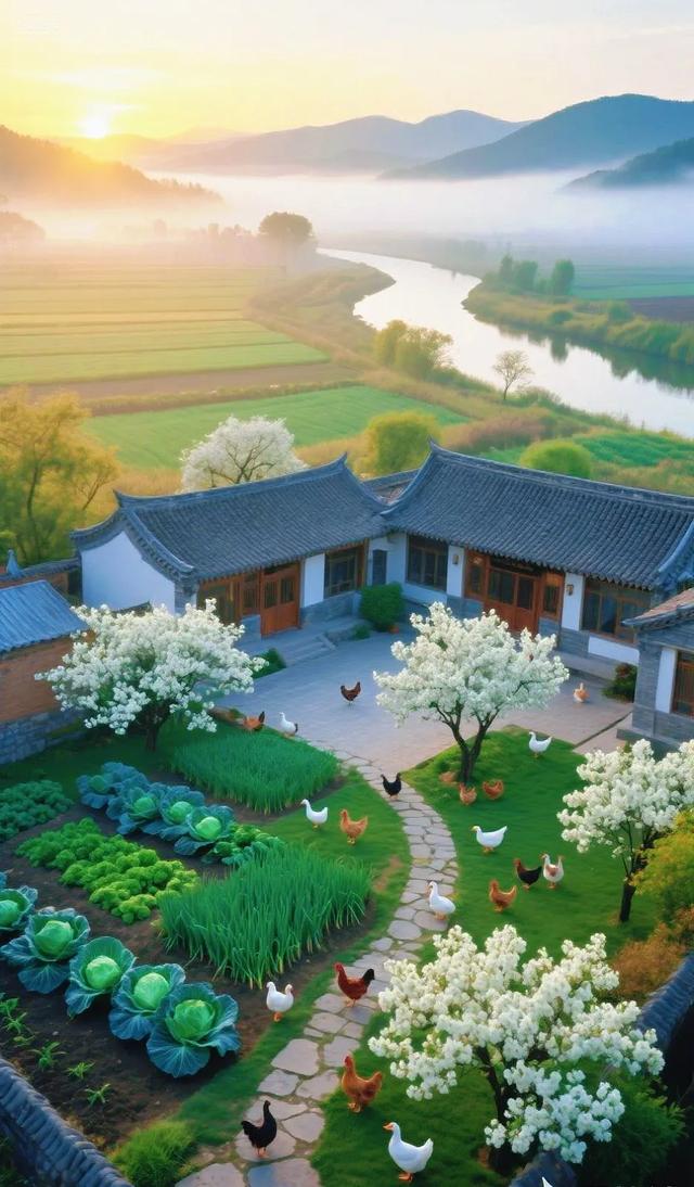 是谁的梦中院子，鸡鸭满园、菜绿花香，远山雾霭超治愈